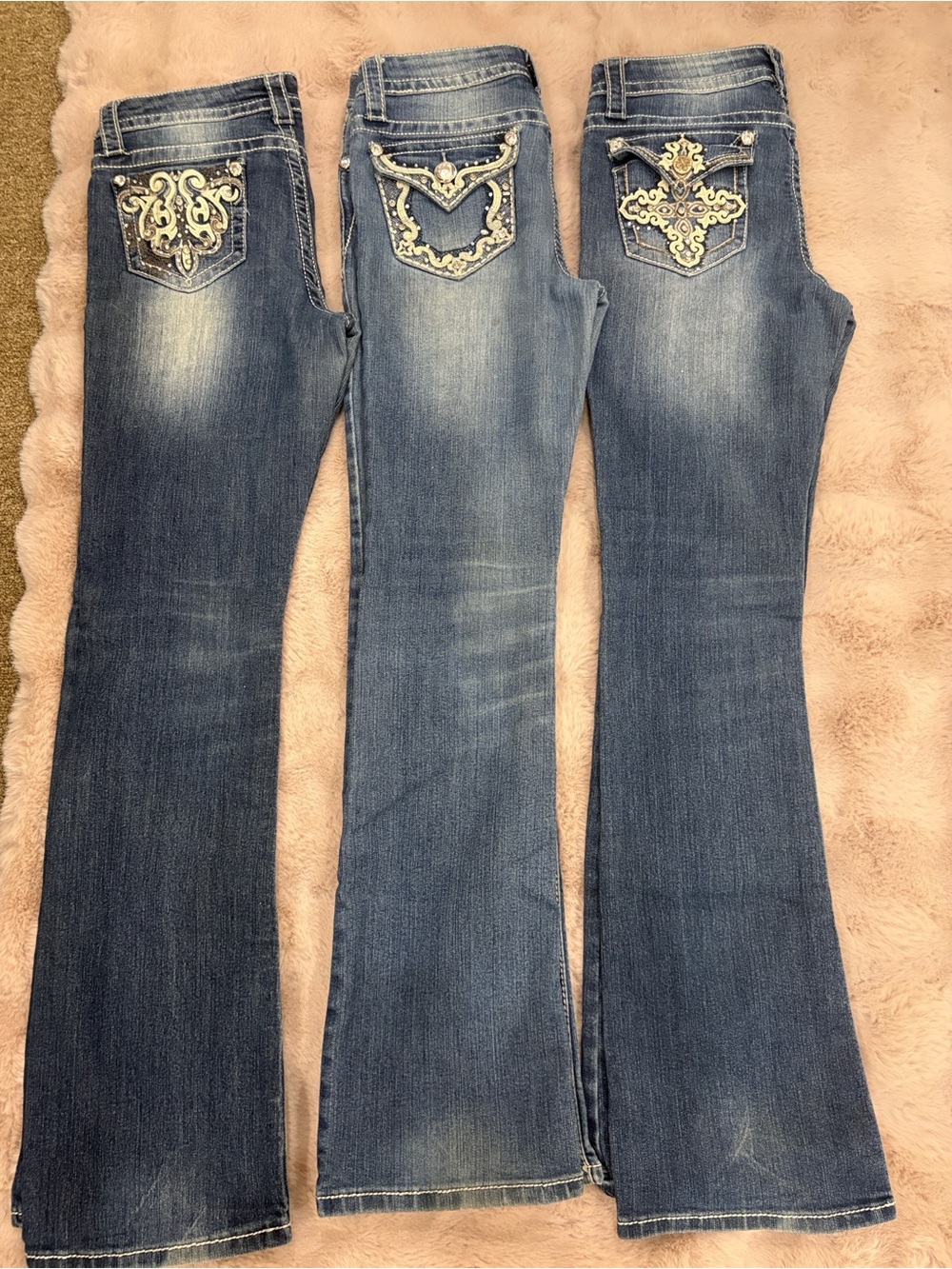 Embellished Dark Blue Flare Jeans with Decorative Back Pockets -RICH GIRL JEANS
